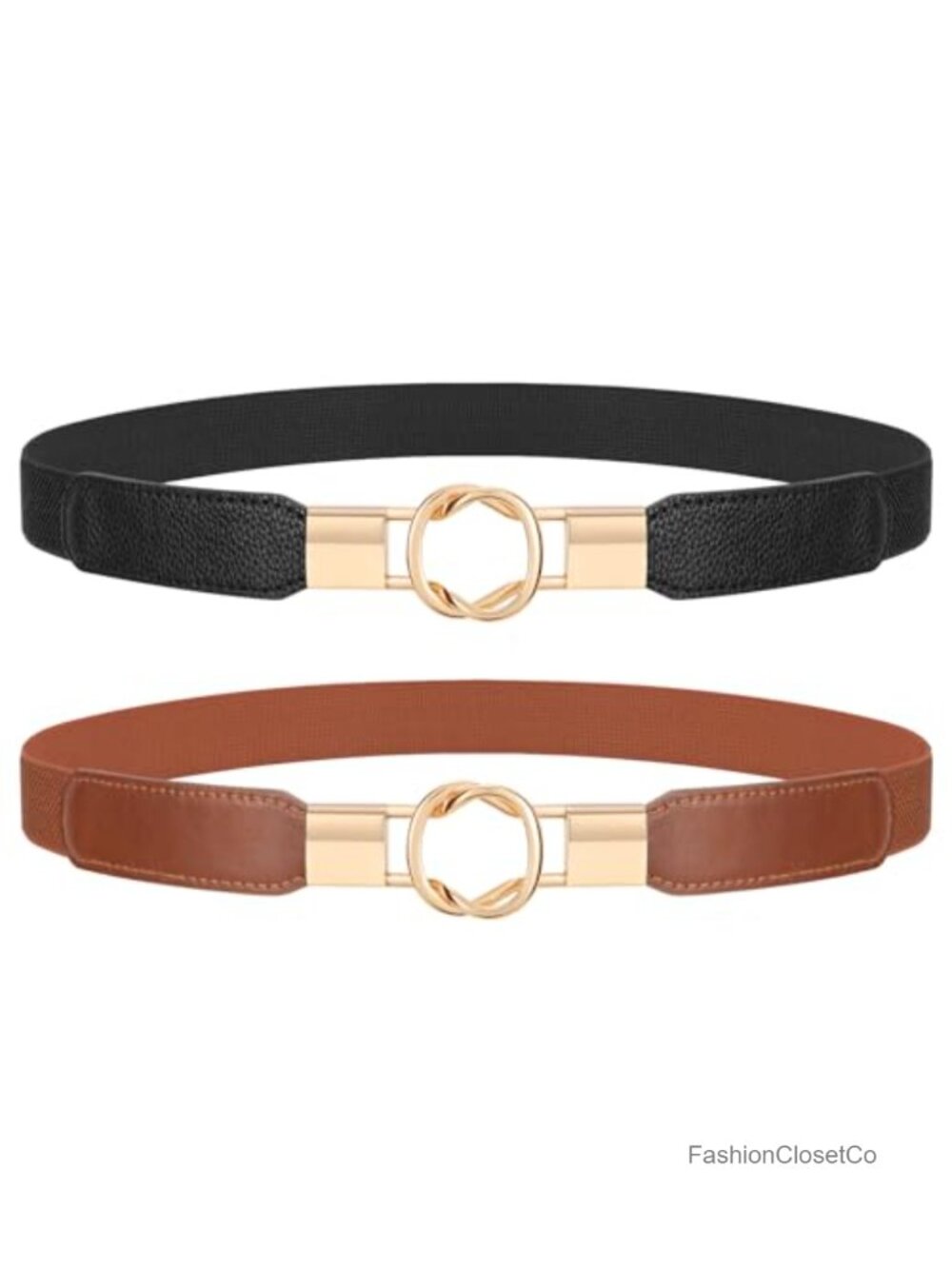 Elastic Stretchy Skinny Waist Belt with Metal Buckle, Faux Leather Gold